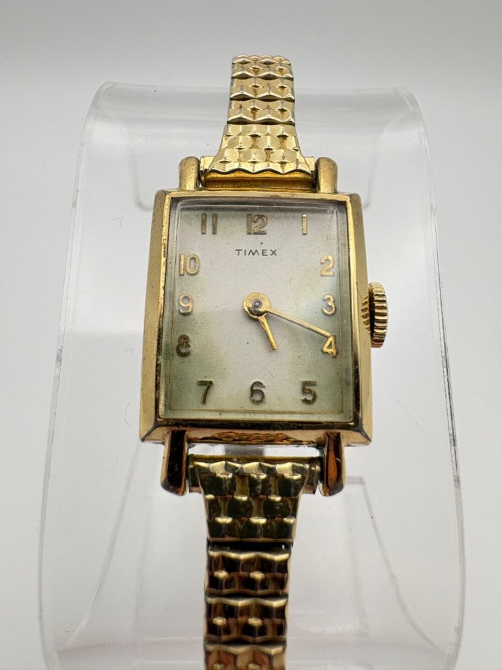 Vintage Timex Womens Rectangular Mechanical Watch Gold Tone Speidel Stretch Band